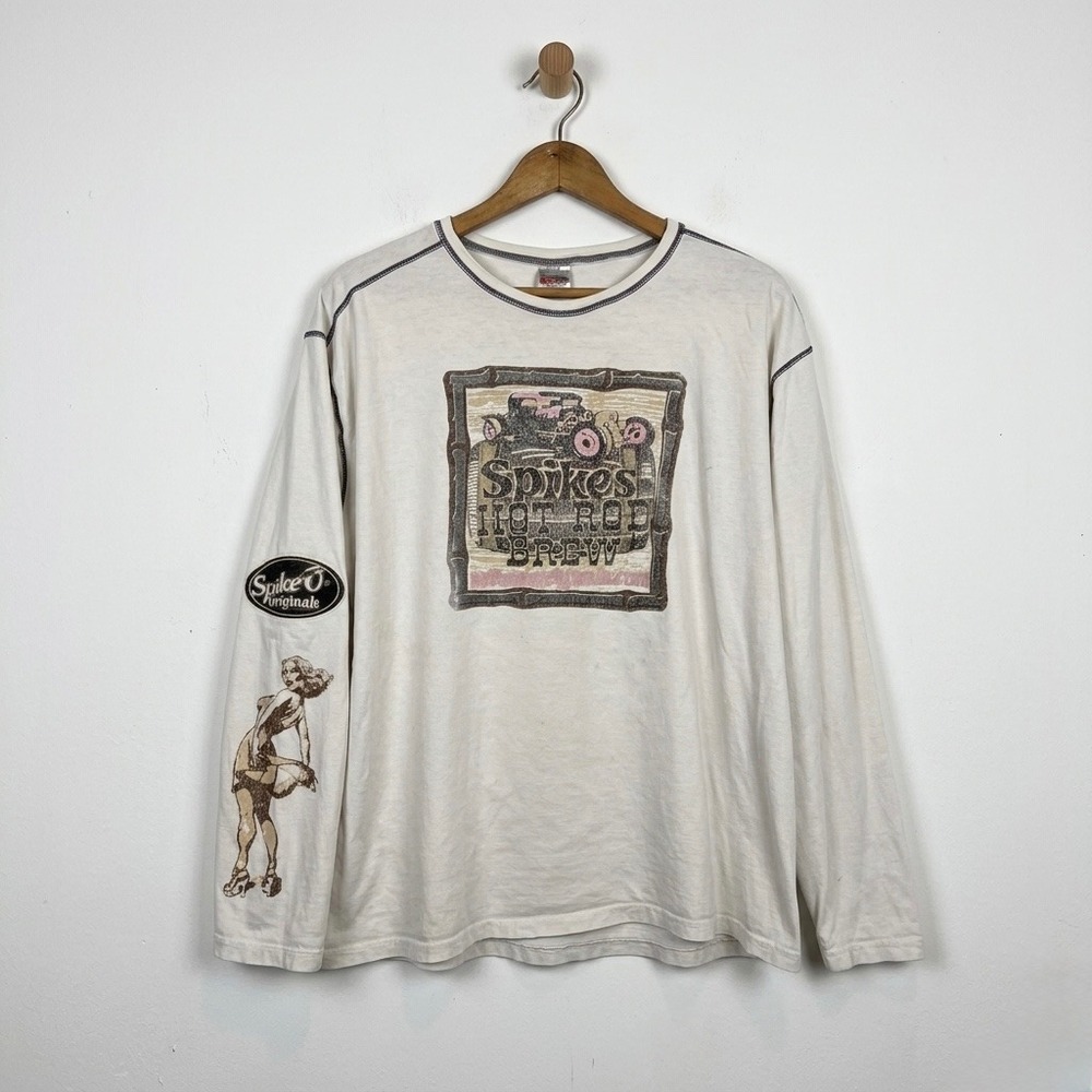Spike Originals Hot Rod Brew Pinup Long Sleeve Shirt White Hanes Beefy-T XL